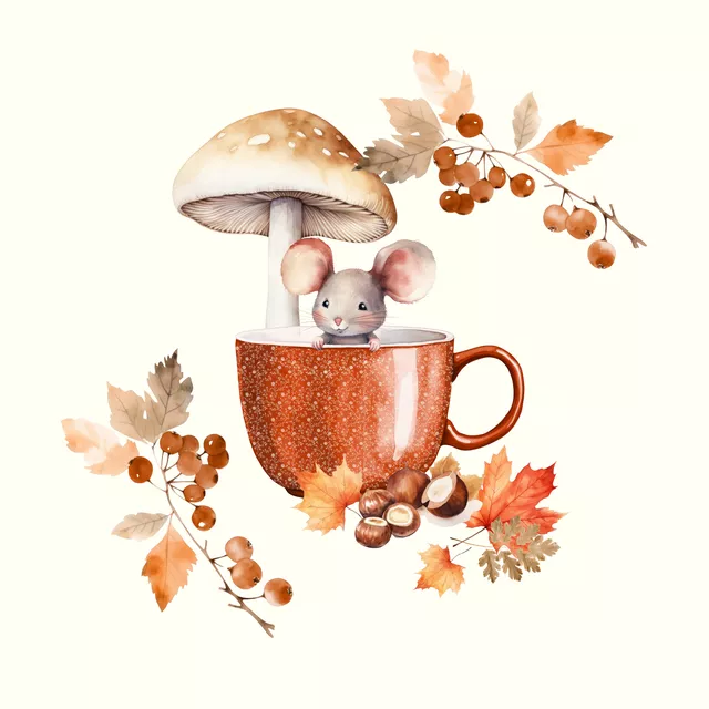 Kissen Cottage Herbst Maus in Tasse