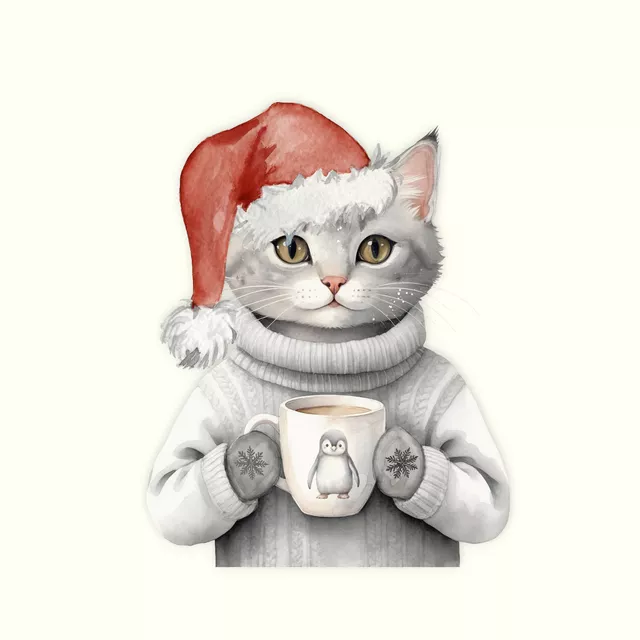 Kissen Winter Party - Katze mit Tasse